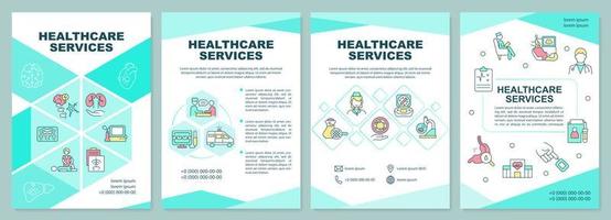 Healthcare services mint brochure template. Medical program. Leaflet design with linear icons. 4 vector layouts for presentation, annual reports.