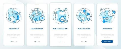 pantalla de aplicación móvil de incorporación de servicios de clínica médica azul. tutorial del hospital 5 pasos páginas de instrucciones gráficas con conceptos lineales. interfaz de usuario, ux, plantilla de interfaz gráfica de usuario. vector