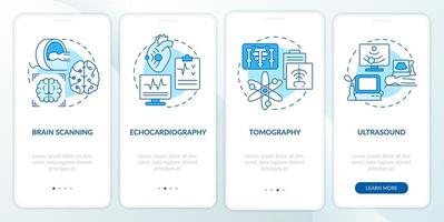 pantalla azul de la aplicación móvil de incorporación de imágenes de diagnóstico. tutorial de investigación médica páginas de instrucciones gráficas de 4 pasos con conceptos lineales. interfaz de usuario, ux, plantilla de interfaz gráfica de usuario. vector