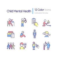 Child mental health RGB color icons set. Changes in kid and teenager behaviour. Isolated vector illustrations. Simple filled line drawings collection. Editable stroke.
