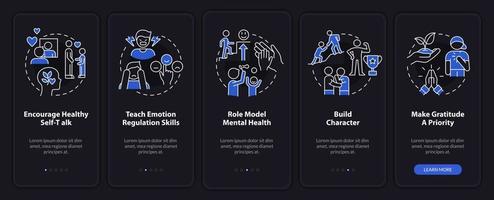 Raising mentally strong child night mode onboarding mobile app screen. Walkthrough 5 steps graphic instructions pages with linear concepts. UI, UX, GUI template. vector