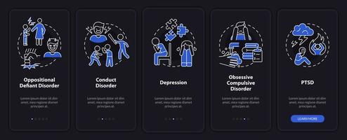 Mental illnesses in children night mode onboarding mobile app screen. Walkthrough 5 steps graphic instructions pages with linear concepts. UI, UX, GUI template.
