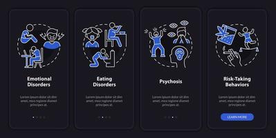 Common teen disorders night mode onboarding mobile app screen. Walkthrough 4 steps graphic instructions pages with linear concepts. UI, UX, GUI template. vector