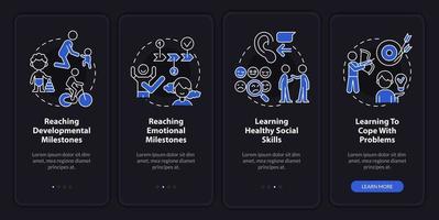 Mental health in childhood night mode onboarding mobile app screen. Walkthrough 4 steps graphic instructions pages with linear concepts. UI, UX, GUI template. vector