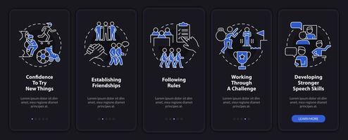 pantalla de aplicación móvil de incorporación de modo nocturno de desarrollo infantil saludable. tutorial 5 pasos páginas de instrucciones gráficas con conceptos lineales. interfaz de usuario, ux, plantilla de interfaz gráfica de usuario. vector