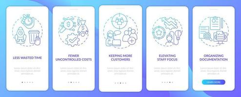 Benefits of BPA in banking blue gradient onboarding mobile app screen. Walkthrough 5 steps graphic instructions pages with linear concepts. UI, UX, GUI template. vector