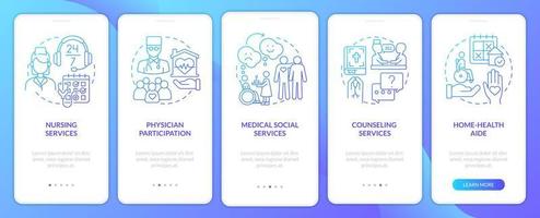 Hospice provided services blue gradient onboarding mobile app screen. Walkthrough 5 steps graphic instructions pages with linear concepts. UI, UX, GUI template. vector