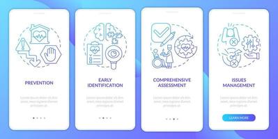 etapas de cuidados paliativos pantalla de la aplicación móvil de incorporación de gradiente azul. tutorial 4 pasos páginas de instrucciones gráficas con conceptos lineales. interfaz de usuario, ux, plantilla de interfaz gráfica de usuario. vector