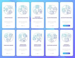 Business automation blue gradient onboarding mobile app screen set. Walkthrough 5 steps graphic instructions pages with linear concepts. UI, UX, GUI template. vector