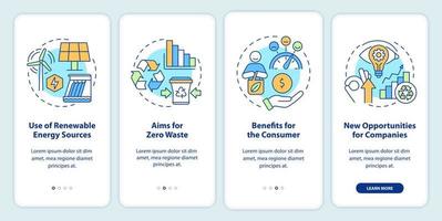 beneficios de la incorporación de la economía circular a la pantalla de la aplicación móvil. Recorrido de cero desperdicios Páginas de instrucciones gráficas de 4 pasos con conceptos lineales. interfaz de usuario, ux, plantilla de interfaz gráfica de usuario. vector