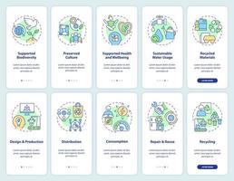 Estrategias de economía circular que incorporan el conjunto de pantallas de aplicaciones móviles. tutorial de reciclaje 5 pasos páginas de instrucciones gráficas con conceptos lineales. interfaz de usuario, ux, plantilla de interfaz gráfica de usuario. vector