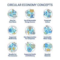 Circular economy concept icons set. Aims for zero waste idea thin line color illustrations. Supported health and wellbeing. Isolated symbols. Editable stroke. vector