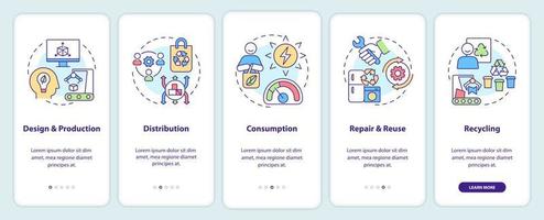 Proceso de economía circular que incorpora la pantalla de la aplicación móvil. tutorial de eficiencia 5 pasos páginas de instrucciones gráficas con conceptos lineales. interfaz de usuario, ux, plantilla de interfaz gráfica de usuario. vector