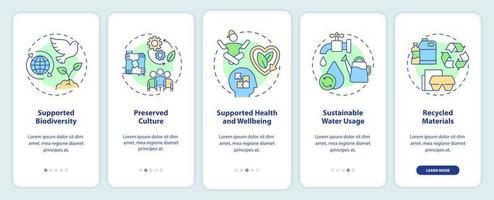 Pillars of circular economy onboarding mobile app screen. Sustainability walkthrough 5 steps graphic instructions pages with linear concepts. UI, UX, GUI template. vector