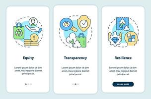 Propiedades emergentes que incorporan la pantalla de la aplicación móvil. tutorial de equidad y resiliencia páginas de instrucciones gráficas de 3 pasos con conceptos lineales. interfaz de usuario, ux, plantilla de interfaz gráfica de usuario. vector