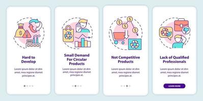 Barriers of circular economy onboarding mobile app screen. Small demand walkthrough 4 steps graphic instructions pages with linear concepts. UI, UX, GUI template. vector