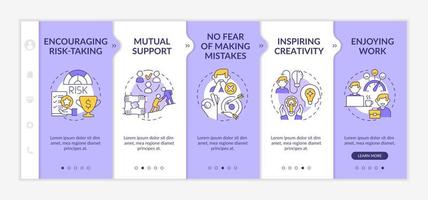 Employee happiness importance purple and white onboarding template. Enjoy work. Responsive mobile website with linear concept icons. Web page walkthrough 5 step screens.