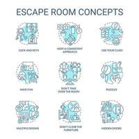 conjunto de iconos de concepto turquesa de la sala de escape. ideas de aventura para resolver acertijos ilustraciones en color de línea delgada. diviértete. símbolos aislados. trazo editable. vector