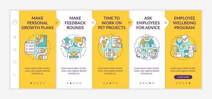 Employee commitment activities yellow onboarding template. Asking for advice. Responsive mobile website with linear concept icons. Web page walkthrough 5 step screens.