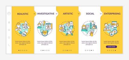 Work environments types yellow onboarding template. Artistic personality. Responsive mobile website with linear concept icons. Web page walkthrough 5 step screens. vector