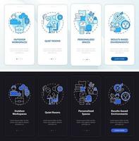 Working environment night and day mode onboarding mobile app screen. Walkthrough 4 steps graphic instructions pages with linear concepts. UI, UX, GUI template. vector