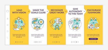 Improving employee motivation yellow onboarding template. Encourage teamwork. Responsive mobile website with linear concept icons. Web page walkthrough 5 step screens. vector