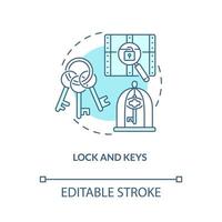 Lock and keys turquoise concept icon. Escape room abstract idea thin line illustration. Opening doors and chests. Isolated outline drawing. Editable stroke. vector