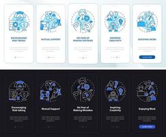 Employee satisfaction night and day mode onboarding mobile app screen. Walkthrough 5 steps graphic instructions pages with linear concepts. UI, UX, GUI template. vector