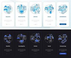 Work environment kinds night and day mode onboarding mobile app screen. Walkthrough 5 steps graphic instructions pages with linear concepts. UI, UX, GUI template. vector