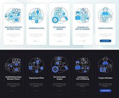Worker stimulation ideas night and day mode onboarding mobile app screen. Walkthrough 5 steps graphic instructions pages with linear concepts. UI, UX, GUI template. vector