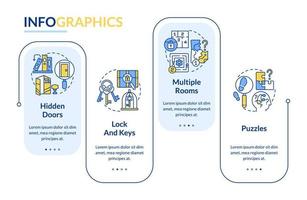Escape room attributes rectangle infographic template. Multiple rooms. Data visualization with 4 steps. Process timeline info chart. Workflow layout with line icons. vector