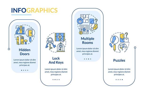 Escape room attributes rectangle infographic template. Multiple rooms. Data visualization with 4 steps. Process timeline info chart. Workflow layout with line icons.