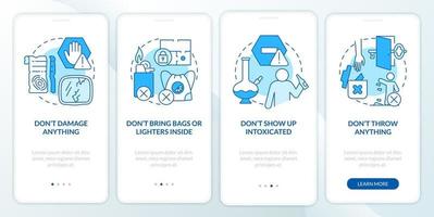 Precauciones de la sala de escape pantalla azul de la aplicación móvil de incorporación. tutorial 4 pasos páginas de instrucciones gráficas con conceptos lineales. interfaz de usuario, ux, plantilla de interfaz gráfica de usuario. vector