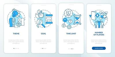 Escape rooms components blue onboarding mobile app screen. Time limit walkthrough 4 steps graphic instructions pages with linear concepts. UI, UX, GUI template. vector