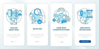 Escape room winning strategies blue onboarding mobile app screen. Walkthrough 4 steps graphic instructions pages with linear concepts. UI, UX, GUI template. vector