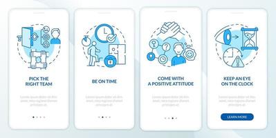 estrategias ganadoras de la sala de escape pantalla azul de la aplicación móvil de incorporación. tutorial 4 pasos páginas de instrucciones gráficas con conceptos lineales. interfaz de usuario, ux, plantilla de interfaz gráfica de usuario. vector