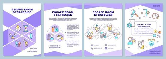 Escape room strategies purple brochure template. Solving hard riddles. Leaflet design with linear icons. 4 vector layouts for presentation, annual reports.