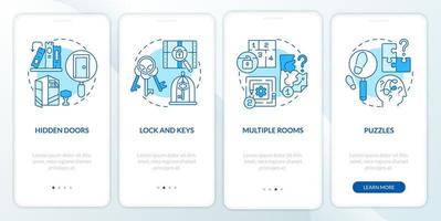 Escape room attributes blue onboarding mobile app screen. Puzzles walkthrough 4 steps graphic instructions pages with linear concepts. UI, UX, GUI template. vector