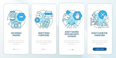 Escape room restrictions blue onboarding mobile app screen. No camera walkthrough 4 steps graphic instructions pages with linear concepts. UI, UX, GUI template. vector