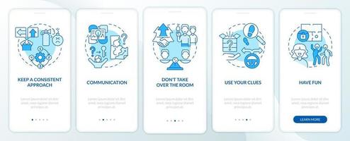 El ganador de la sala de escape se acerca a la pantalla azul de la aplicación móvil de incorporación. tutorial 5 pasos páginas de instrucciones gráficas con conceptos lineales. interfaz de usuario, ux, plantilla de interfaz gráfica de usuario. vector