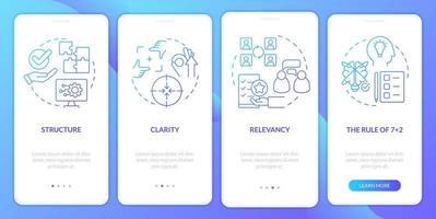 Business interaction basics blue gradient onboarding mobile app screen. Walkthrough 4 steps graphic instructions pages with linear concepts. UI, UX, GUI template. vector