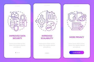 Web 3 0 purple gradient onboarding mobile app screen. No code option walkthrough 3 steps graphic instructions pages with linear concepts. UI, UX, GUI template. vector