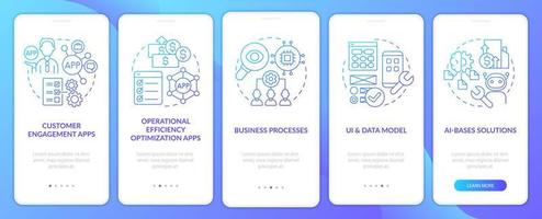 Apps with low code blue gradient onboarding mobile app screen. Web walkthrough 5 steps graphic instructions pages with linear concepts. UI, UX, GUI template. vector