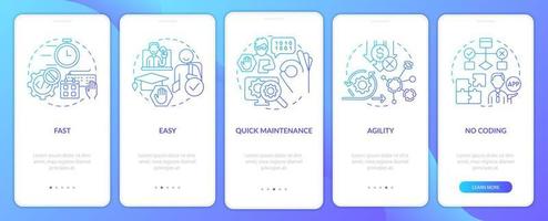 Advantages of no code blue gradient onboarding mobile app screen. Web 3 0 walkthrough 5 steps graphic instructions pages with linear concepts. UI, UX, GUI template. vector