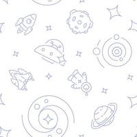 Cosmonaut and spacecraft abstract seamless pattern. Vector shapes on white background. Trendy texture with cartoon color icons. Design with graphic elements for interior, fabric, website decoration
