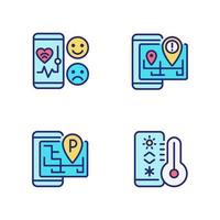 Mobile applications pixel perfect RGB color icons set. Healthcare service. GPS navigation. Internet of Things. Isolated vector illustrations. Simple filled line drawings collection. Editable stroke