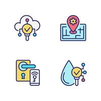 IoT technologies pixel perfect RGB color icons set. Remote lock access. Water proof device. Internet of Things. Isolated vector illustrations. Simple filled line drawings collection. Editable stroke