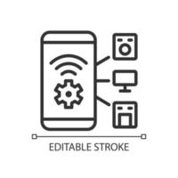 Smart appliances control pixel perfect linear icon. Mobile access to remote device regulation. Thin line illustration. Contour symbol. Vector outline drawing. Editable stroke. Arial font used