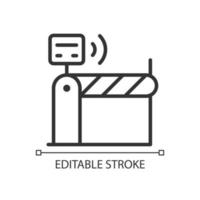 Toll and ticketing pixel perfect linear icon. Remote access to gate entrance. Internet of Things. Thin line illustration. Contour symbol. Vector outline drawing. Editable stroke. Arial font used