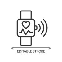 Heart rate monitoring pixel perfect linear icon. Pulse control on smart watch app. Internet of Things. Thin line illustration. Contour symbol. Vector outline drawing. Editable stroke. Arial font used